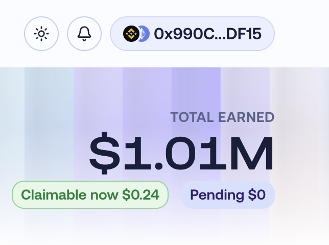 A cryptocurrency dashboard displaying a wallet address (0x990C...DF15), total earnings of $1.01M, with $0.24 claimable now and $0 pending.