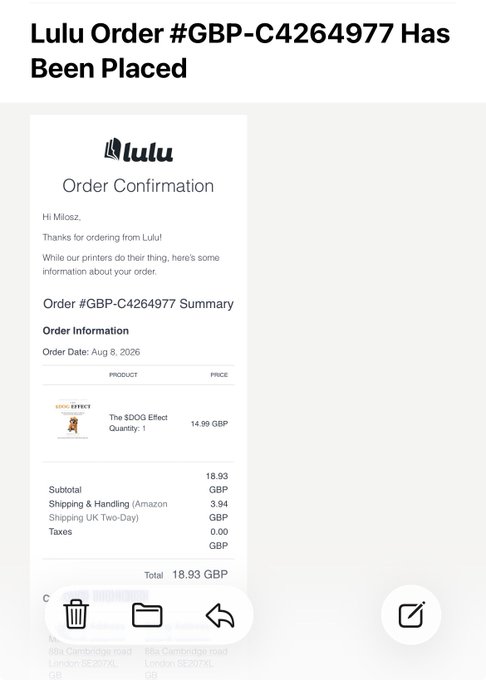 A Lulu order confirmation email displays Order #GBP-C4264977 for 'The SOCC Effect' book at 14.99 GBP, with a total of 18.93 GBP including shipping.