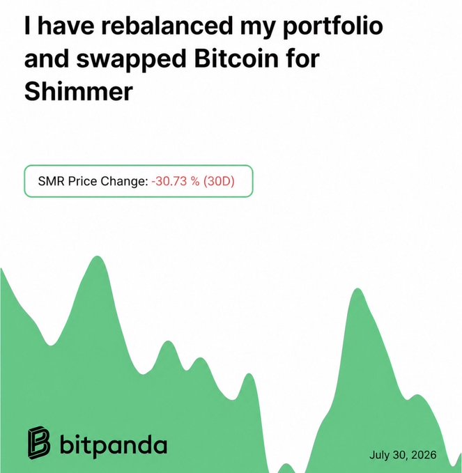 An infographic from Bitpanda dated July 30, 2026, stating "I have rebalanced my portfolio and swapped Bitcoin for Shimmer" alongside an SMR price change of -30.73% (30D).
