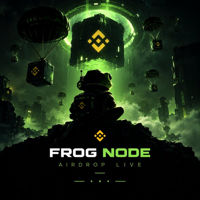 A frog character wearing a backpack overlooks a futuristic green-lit cityscape filled with parachuting crypto crates marked with the FNODE logo, visually promoting the "$FNODE AIRDROP LIVE" event. The sci-fi imagery reinforces the project's pitch as an "AI-powered intelligent layer for BNB Chain," with the airdrop crates symbolizing the token distribution to participants who follow @fnodebnb and submit their $BNB wallet address.