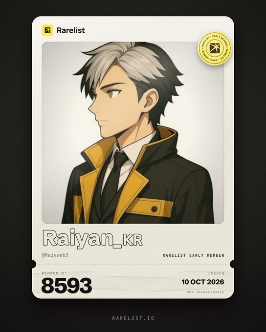 A digital membership card from Rarelist for username 'Raiyan_KR' (@Raiyweb3), marked as a 'RARELIST EARLY MEMBER' with member number 8593, issued on 10 OCT 2026.