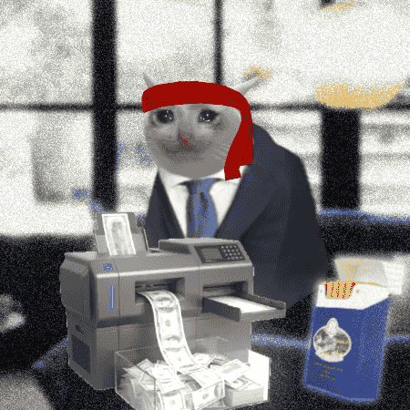 A cat with a red bandana on its head, wearing a suit and tie, operating a printer that is producing money, with a box of Pop-Tarts beside it.
