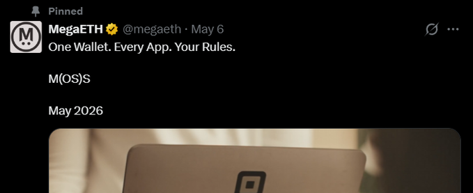 The image shows a post posted online by the MegaETH team. The post contains a screenshot of a laptop, which appears to be an Apple MacBook Air, with the screen facing forward. The post features a list of rules for app development, stating that apps should have one wallet and every app should have your rules. There is also a photo captioned below the text.

The caption reads: "So MegaETH team can't communicate on X because they are working too much This looks super bullish right? A project with the size and importance of @Megaeth not having even one person allocated to socials ... Focus on what is in the image and how it relates to the post."