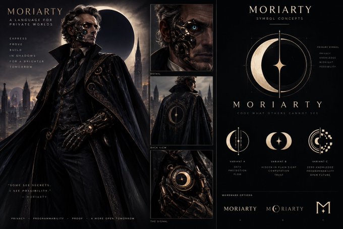 Concept art for a 'MORIARTY' character featuring a dark, Victorian-style cyborg with half-robotic face, accompanied by symbol designs and the tagline 'CODE WHAT OTHERS CANNOT SEE.'