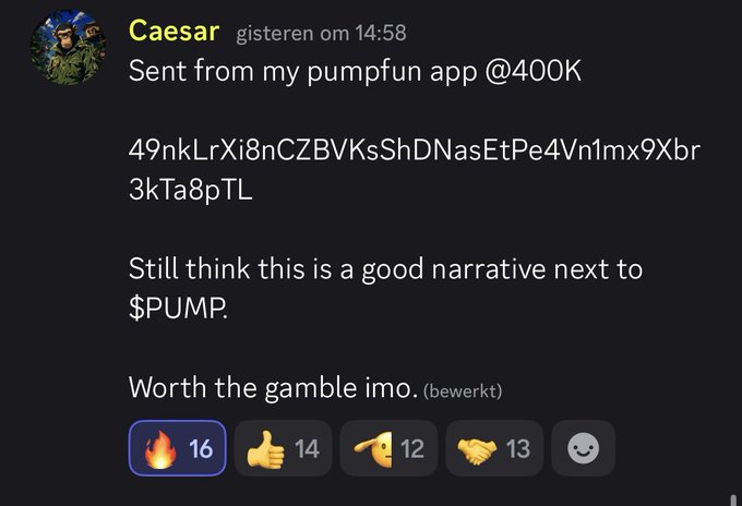 A Discord message from user "Caesar" at 14:58 promotes a token by sharing its contract address "49nkLrXi8nCZBVKsShDNasEtPe4Vn1mx9Xbr3kTa8pTL" sent from pumpfun at 400K market cap, arguing it represents a strong narrative alongside $PUMP. The post received 16 fire, 14 thumbs up, 12 pointing, and 13 handshake reactions, amplifying the accompanying call to action about a 4X gain on $App from @TheVault_FnF.