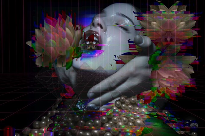 A surreal, glitchy digital artwork depicts a wide-open mouth surrounded by flowers, with hands and pearls set against a dark background with pink grid lines.