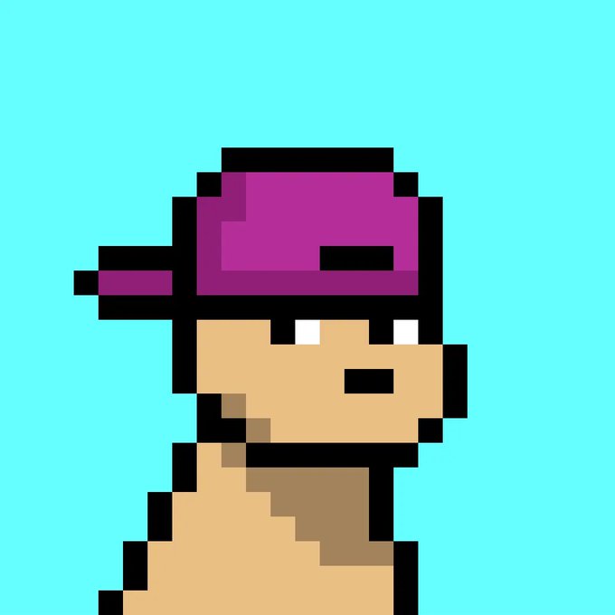 A pixel art illustration of a tan dog wearing a magenta cap, set against a cyan background, representing the Doginal Dogs NFT collection referenced in the post about a life-changing Doginals collectible.
