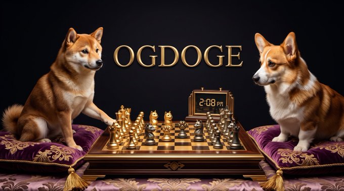 AI-generated image of two Shiba Inu dogs playing chess on a golden board with 'OGDOGE' displayed above them and a clock reading 2:08 PM.