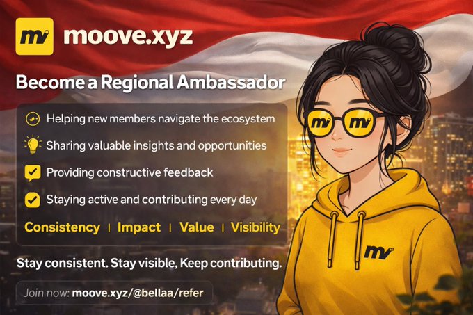 The image features a cartoon girl wearing glasses, standing against a backdrop of a city skyline with a red and white flag waving behind her. The text at the bottom of the image reads "A lot of people want to become a @moovexyz Regional Ambassador". This suggests that there is a high demand for this role among individuals who are interested in becoming regional ambassadors, as they are actively seeking opportunities to take on such positions.
