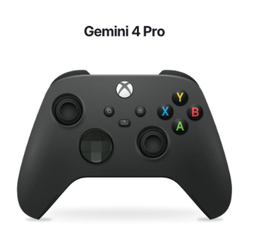 A black Xbox-style wireless controller is displayed against a white background with the text "Gemini 4 Pro" shown at the top. The image represents Gemini 4 Pro as one of two competing options in a comparison poll, visually framing the choice between Gemini 4 Pro and GPT-6 Astra using the familiar gaming controller imagery.