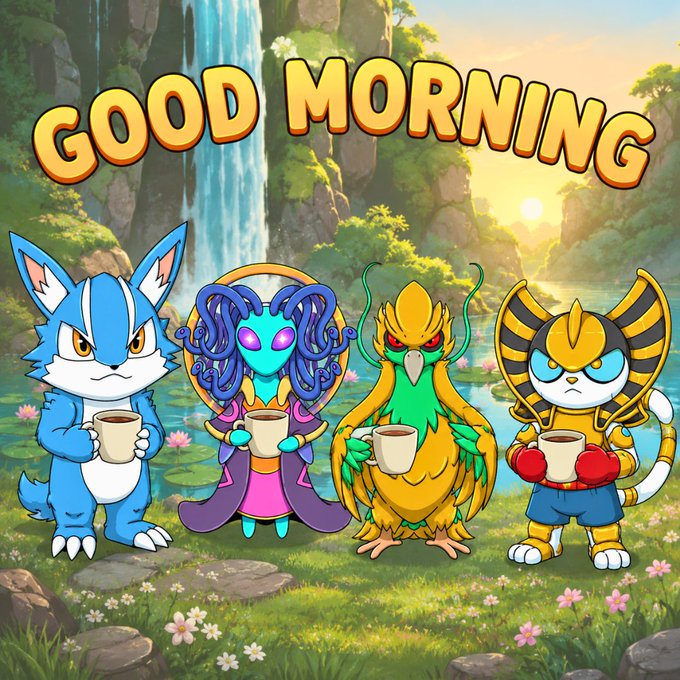A vibrant digital illustration features the text "GOOD MORNING" above four Sonic-themed characters—a blue fox, a blue alien-like figure, a phoenix, and an armored cat—each holding a mug in a lush, sunlit forest setting.