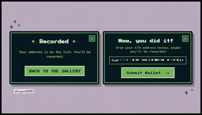 Two pixel-art style green pop-up windows read 'Recorded - Your address is on the list. You'll be rewarded' and 'Wow, you did it! Drop your ETH address below, maybe you'll be rewarded!' with a submit wallet button.