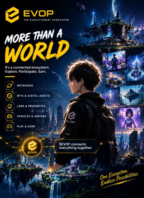A promotional poster for 'EVOP - THE EVOLUTIONARY ECOSYSTEM' features an anime-style male character overlooking a futuristic city, with text including 'MORE THAN A WORLD', 'Metaverse', 'NFTs & Digital Assets', 'Land & Properties', 'Vehicles & Avatars', 'Play & Earn', and 'One Ecosystem. Endless Possibilities.'