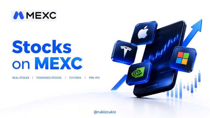 A promotional graphic for MEXC's "Stocks on MEXC" feature showcases a smartphone displaying the Apple, Tesla, Microsoft, and NVIDIA logos alongside a rising blue arrow and candlestick chart, highlighting four product categories: Real Stocks, Tokenized Stocks, Futures, and Pre-IPO. The image visually reinforces the post's point that "stocks on a crypto exchange" actually encompasses several distinct trading products with different mechanics.