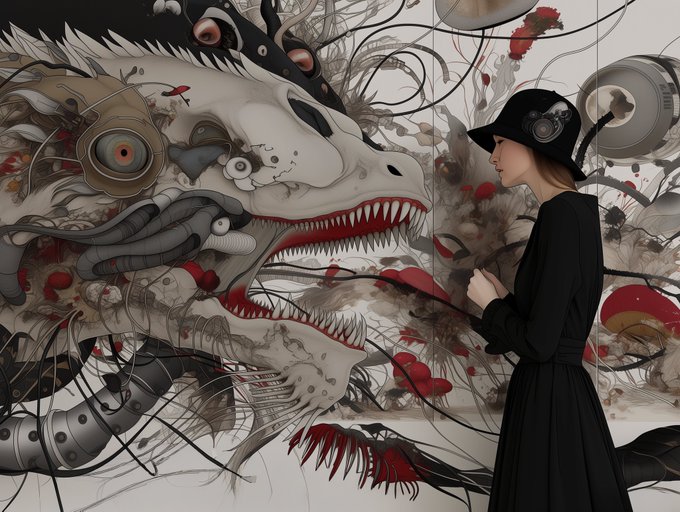 An artistic illustration of a woman in a black dress and hat facing a surreal, monstrous creature with sharp teeth and mechanical elements.