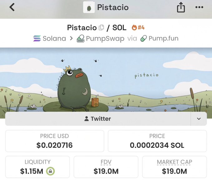 A screenshot of a cryptocurrency trading page displays "Pistacio" token data on the Solana blockchain via PumpSwap/Pump.fun, featuring a cartoon frog-like character with a crown sitting on a lily pad in a pond scene labeled "pistacio." Key metrics show a price of $0.020716 USD (0.0002034 SOL), with $1.15M liquidity, $19.0M FDV, and $19.0M market cap. The image relates to the accompanying post about launching a meme coin, suggesting the creator has introduced "Pistacio"—a frog-themed character seemingly referencing the pistachio/frog crossover meme that the poster claims had never been minted before.