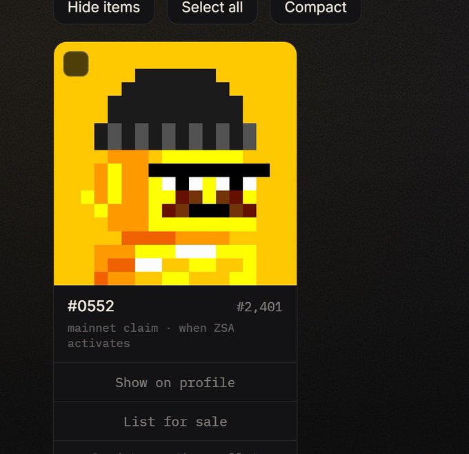 A digital collectible card #0552 featuring a pixel art character with a yellow background, labeled 'mainnet claim - when ZSA activates' with a price of ₡2,401 and options to 'Show on profile' or 'List for sale'.