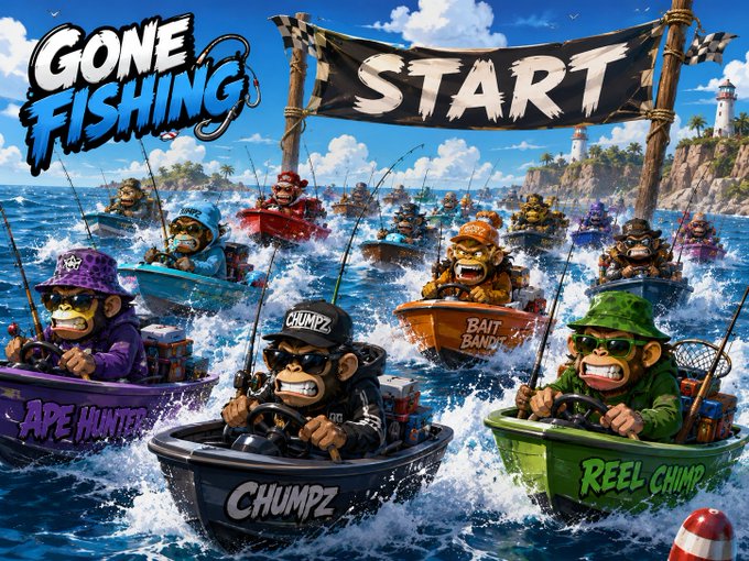 The image features a group of cartoon fish racing each other in boats, with a banner that says "GONE FISHING" above them. The text also mentions an arcade game called "Chumpzfishing", which could be related to the fish race depicted in the image.