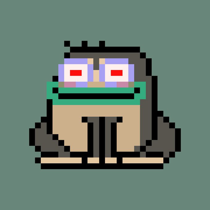 A pixel art illustration of a squat, dark-furred creature with large eyes and a green mouth stripe, sitting against a solid green background.