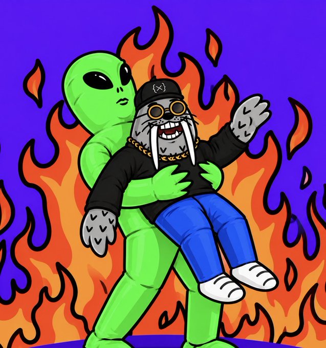 A cartoon illustration depicts a green alien embracing a gray walrus character wearing a black cap, gold chain, black shirt, and blue pants against a backdrop of orange flames on a purple background.
