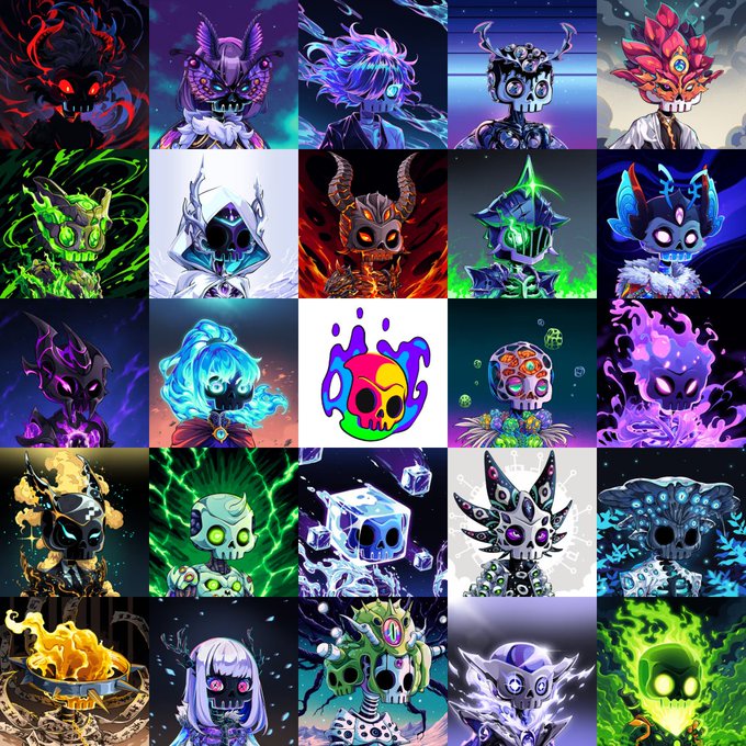 A grid of 25 stylized skull characters featuring various fantasy designs including flames, crystals, and magical elements in vibrant colors with glowing eyes.