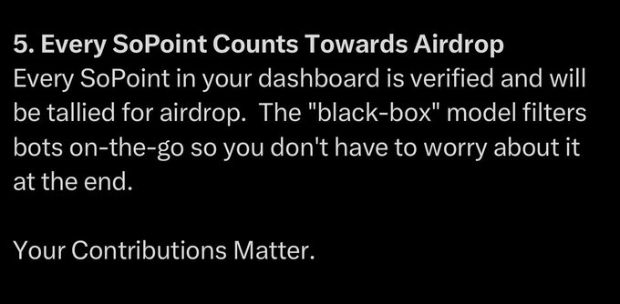 The image displays point 5 of a list titled "Every SoPoint Counts Towards Airdrop," with text explaining that every SoPoint in a user's dashboard is verified and tallied for airdrop, while a "black-box" model filters out bots in real-time, followed by the closing line "Your Contributions Matter." This visually reinforces the accompanying post's message that verified SoPoints will be counted toward the airdrop.