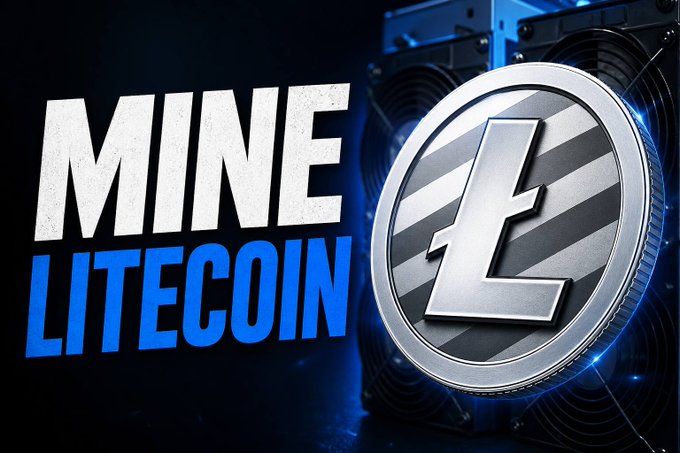 A graphic featuring a large silver coin with an 'L' symbol against a blue and black background, accompanied by the text 'MINE LITECOIN'.