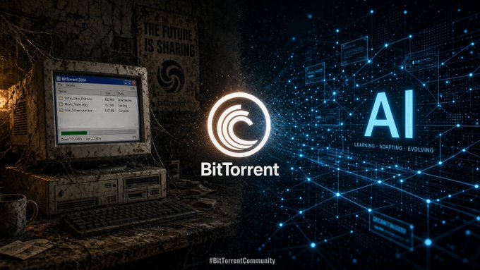 A promotional graphic for 'BitTorrent' featuring a retro computer setup, the 'THE FUTURE IS SHARING' poster, the BitTorrent logo, and an 'AI - LEARNING, ADAPTING, EVOLVING' tagline with network nodes and #BitTorrentCommunity hashtag.