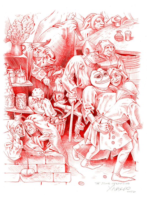 A detailed red-and-white sketch depicting various characters in medieval attire, including a jester-like figure in the center, signed 'XHERR 2020' and labeled 'THE STONE OPERATION' at the bottom right.