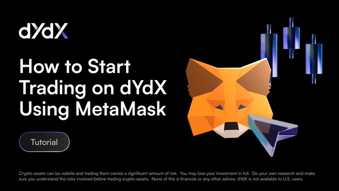 The image features a cartoon fox with an arrow pointing towards the top right corner, accompanied by text that reads "How to Start Trading on dYdX Using Metamask". The fox appears to be holding a book or guide related to trading on dYdX and using Metamask.
