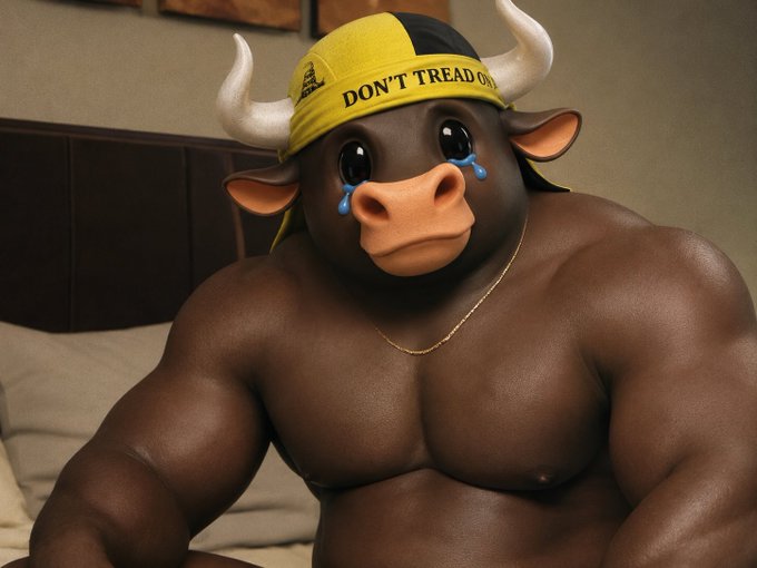 A muscular anthropomorphic bull character with a tearful expression wears a yellow headband reading "DON'T TREAD ON" and a gold chain necklace.