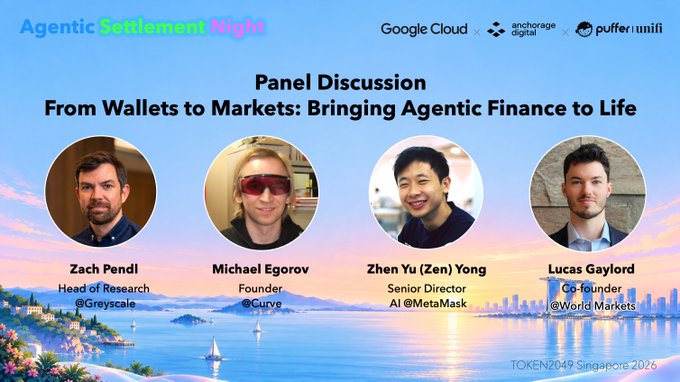 The image is a promotional graphic for a panel discussion titled "From Wallets to Markets: Bringing Agentic Finance to Life" at Agentic Settlement Night (Token2049 Singapore 2026), sponsored by Google Cloud, Anchorage Digital, and Puffer UniFi. It features headshots and titles of the four panelists: Zach Pendl (Head of Research, @Greyscale), Michael Egorov (Founder, @Curve), Zhen Yu (Zen) Yong (Senior Director, AI, @MetaMask), and Lucas Gaylord (Co-founder, @WorldMarkets), set against a sunset harbor cityscape backdrop. The caption aligns with the post, which announces the same panel speakers and their roles, confirming that the image visually introduces the panelists mentioned in the accompanying text.