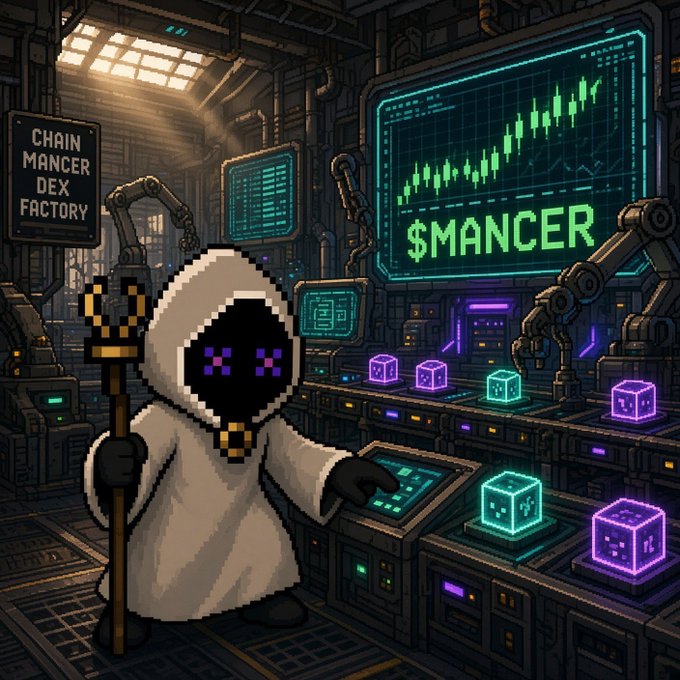 A pixel art illustration showing a hooded figure with purple eyes holding a staff in an industrial factory setting, with screens displaying 'CHAIN MANCER DEX FACTORY' and '$MANCER' alongside a rising chart.