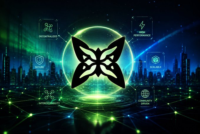 A glowing butterfly logo takes center stage against a futuristic cityscape backdrop, surrounded by interconnected nodes labeled "DECENTRALIZED," "HIGH PERFORMANCE," "SECURE," "SCALABLE," "INTEROPERABILITY," and "COMMUNITY DRIVEN." The visual reinforces the post's message about Quip Network serving as an invisible yet essential infrastructure layer—symbolized by the butterfly—that enables different systems to communicate seamlessly, much like the way the network of glowing connections in the image links complex environments together.