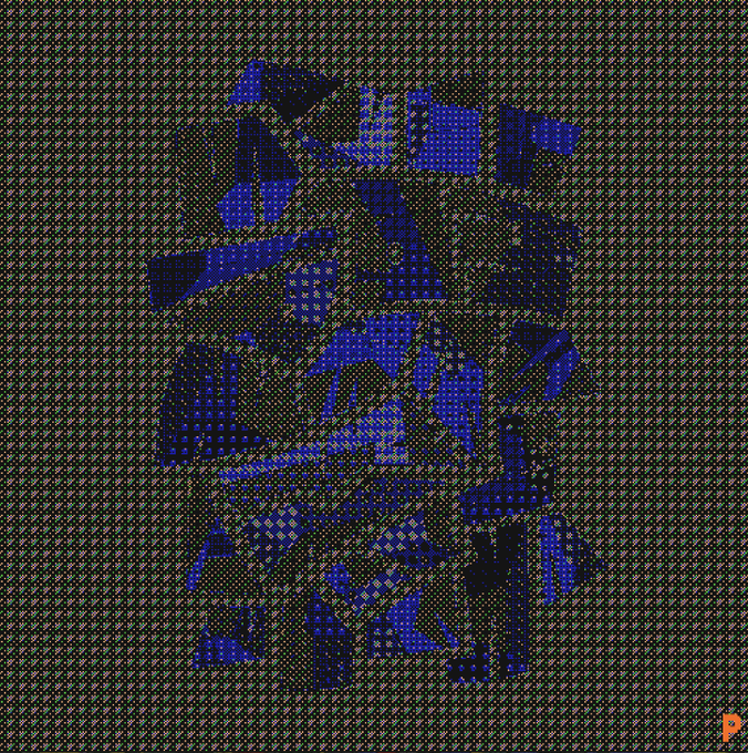 An abstract geometric artwork composed of overlapping rectangular shapes in various shades of blue and black against a dark patterned background.