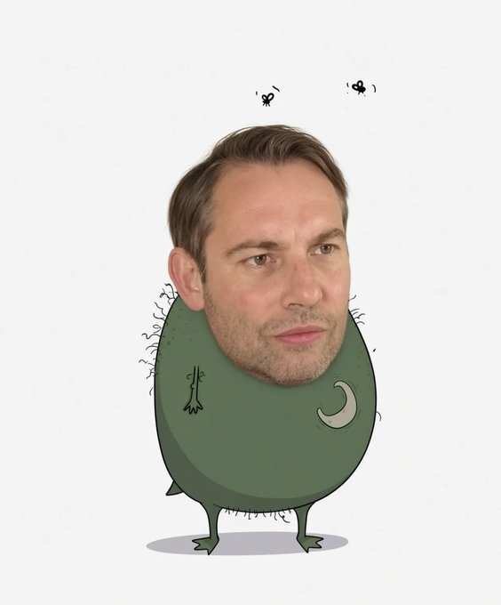 A surreal illustration of a man's head placed on a round, green, hairy cartoon body with tiny legs and a belly button.