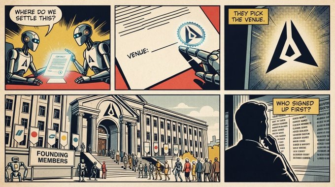 A four-panel comic strip illustrating a process: two robots deciding where to settle, a pen circling an 'A' logo on a document, an 'A' logo glowing brightly, and a large building labeled 'Founding Members' with crowds of people.