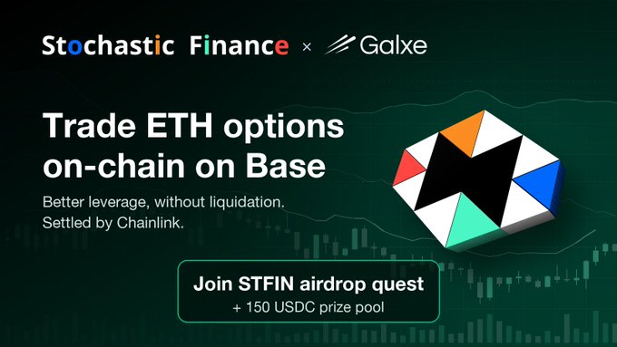Promotional banner for Stochastic Finance x Galxe announcing "Trade ETH options on-chain on Base" with a "Join STFIN airdrop quest + 150 USDC prize pool" call to action.