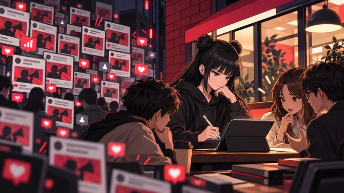 An anime-style illustration showing several characters gathered around a table with a laptop and tablet, surrounded by floating social media notification cards with hearts and profile icons.