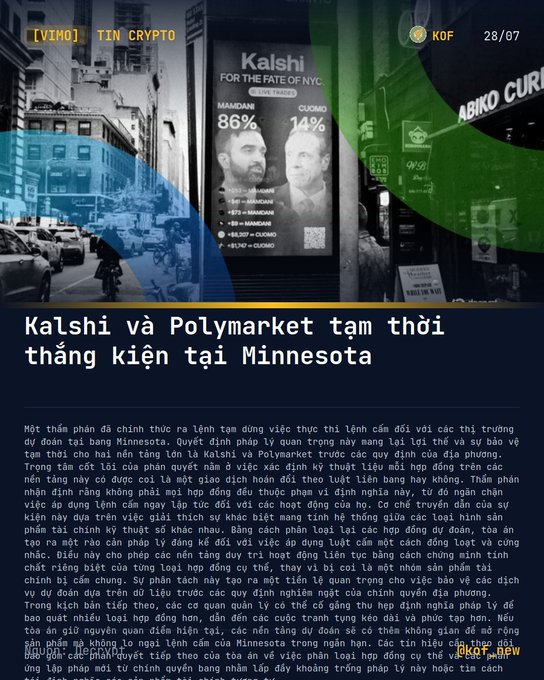 Vietnamese crypto news article titled 'Kalshi và Polymarket tạm thừng kiện tại Minnesota' with a billboard showing Kalshi prediction market odds (Mamdani 86% vs Cuomo 14%) for NYC mayoral race.