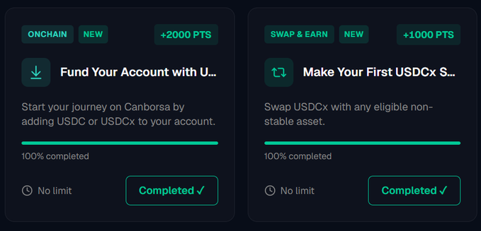 A dark-themed dashboard showing two completed tasks: 'Fund Your Account with USDC' (+2000 PTS) and 'Make Your First USDCx Swap' (+1000 PTS) on the Canbora platform.