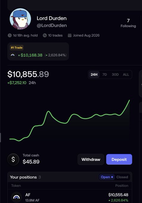 Trading profile for Lord Durden (@LordDurden) showing a portfolio value of $10,855.89 with a 24-hour gain of +$7,252.10, a top trade of AF token up +2,626.84% (+$10,168.38), and 7 followers.