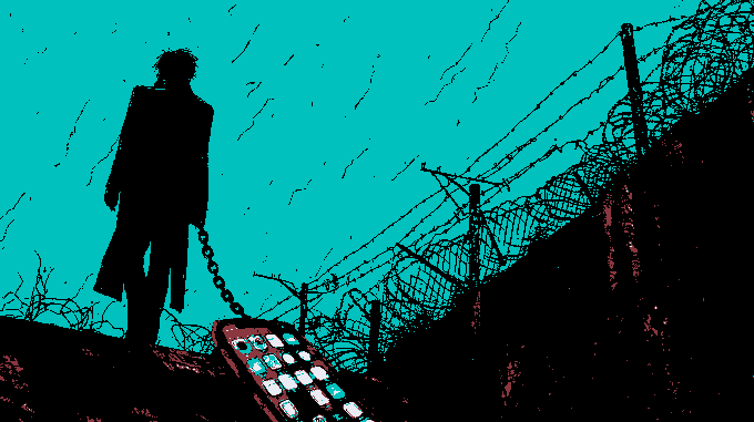 A stylized, high-contrast digital illustration showing the silhouette of a man in a coat standing against a barbed-wire fence on a teal background, holding a chain connected to a retro mobile phone keypad.