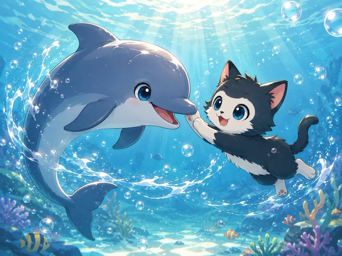 Cute cartoon illustration of a blue dolphin and a black-and-white kitten playing together underwater, surrounded by bubbles, coral, and tropical fish.