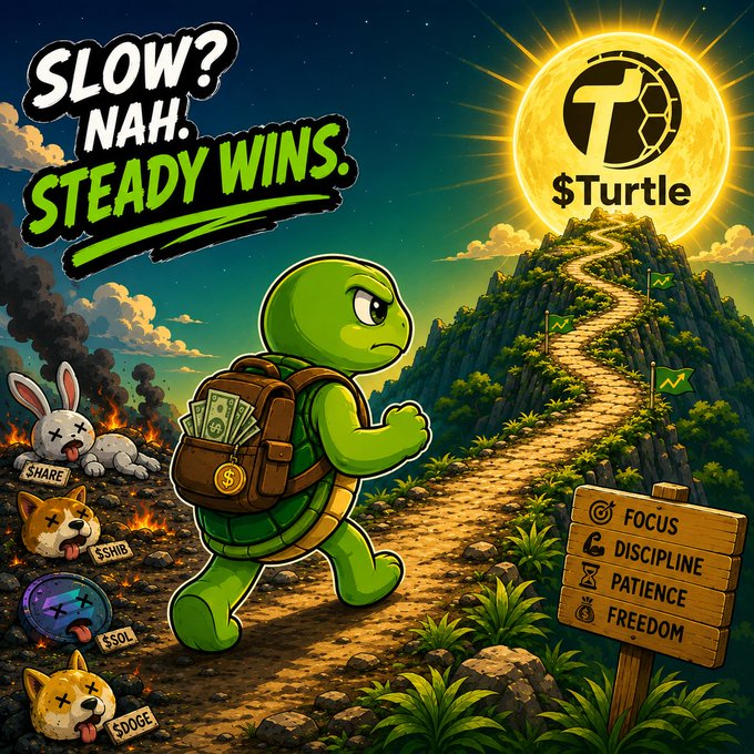 A cartoon illustration of a green turtle walking a mountain trail with cash in a bag, featuring the tagline 'SLOW? NAH. STEADY WINS.' and a '$Turtle' coin logo, with defeated meme coins ($SHARE, $SHIB, $SOL, $DOGE) behind.