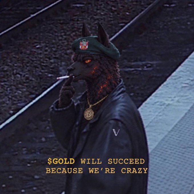 An AI-generated anthropomorphic black wolf wearing a beret, leather jacket, and a Bitcoin medallion smokes a cigarette on a railway platform, with text reading "$GOLD WILL SUCCEED BECAUSE WE'RE CRAZY".