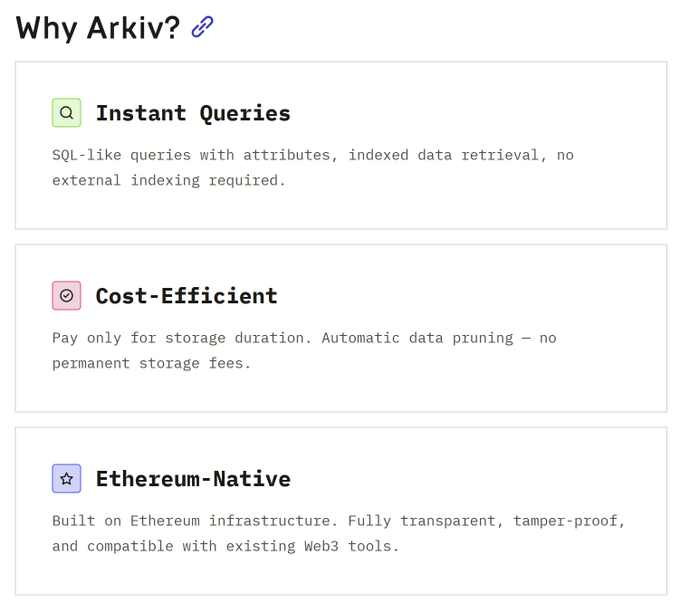The image displays a screenshot of a page that has a title and text boxes providing information about storing data securely. The main text box at the top provides context for an agent's session, stating that it is not a database but rather a context window. Below this, there are two other smaller text boxes, one in green with the title "Why Arkiv?" and another in blue with the question "What should I do?". 

The text suggests to pay only for storage duration, use automatic data processing (ADP), or to manually store fees. The agent's context window is not a database context, but rather a decision that has expired after the session ends or if there are errors in its use.