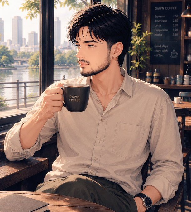 The image features a man sitting at a table with his hands on his lap while holding a coffee cup. The background shows a cityscape with tall buildings, suggesting an urban setting. The caption of the image reads "GM Fam Starting the day thinking about infrastructure. @TheARCTERMINAL is focused on making AI more private, verifiable, and user-owned. @quipnetwork is focused on making the future of digital security quantum-ready before the threat arrives." This implies that the man might be contemplating the advancements in technology or discussing the importance of privacy and security in today's world.