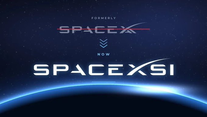 A space-themed graphic showing 'FORMERLY SPACEX' with a crossed-out logo transitioning to the new 'SPACEXSI' logo against a starry blue background.