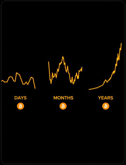 Three orange line graphs labeled "DAYS," "MONTHS," and "YEARS" show Bitcoin's price movement across different timeframes, with the "YEARS" chart displaying the most dramatic upward trajectory. The image visually reinforces the post's message by contrasting Bitcoin's volatile short-term fluctuations with its strong long-term growth trend.